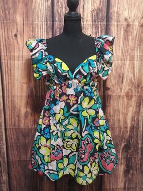 B. Smart Black Floral Ruffle Sleeve Babydoll Mini Dress Womens Size 1